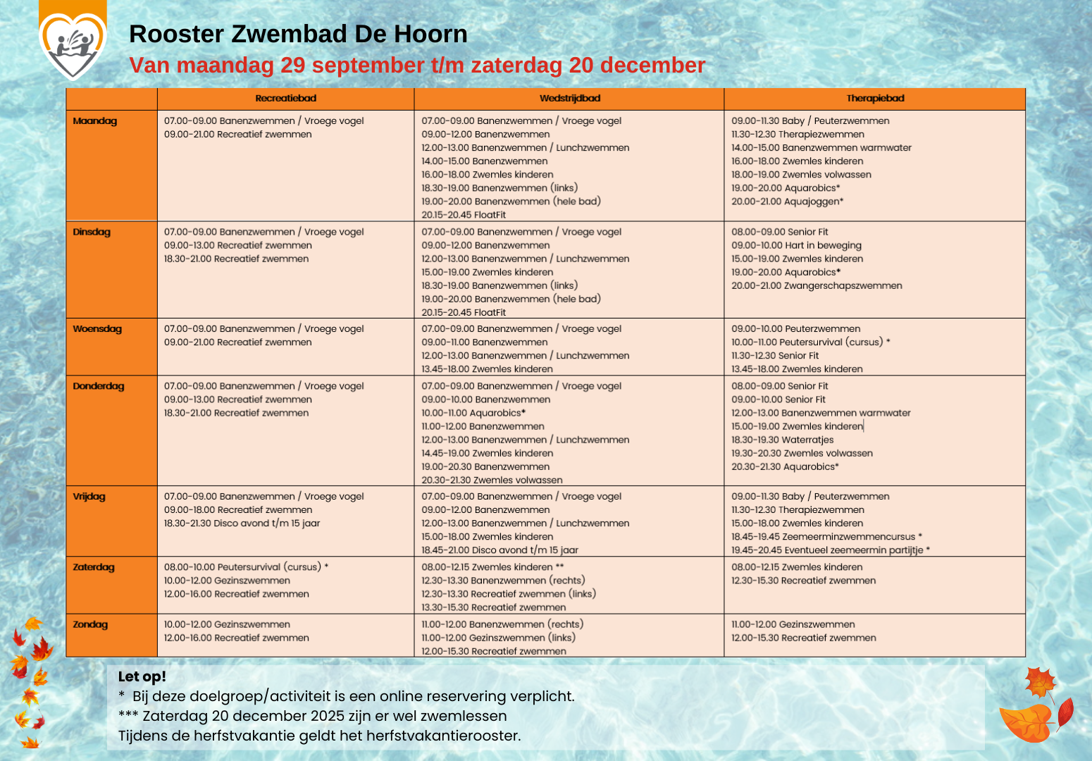 Reguliere rooster van 29 sept